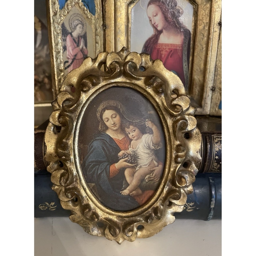 Vtg Italian Florentine Madonna Of The Grapes Gold Gilt Wood 4" Mini Wall Plaque